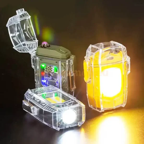 Zseblámpa és öngyújtó 2 az 1-ben 9 féle világítással, USB tőltés (sárga)