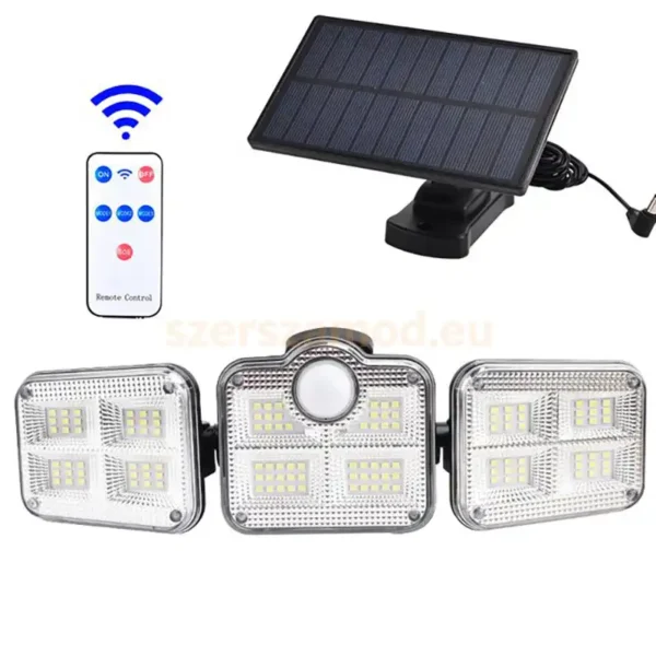 LED lámpa mozgásérzékelővel, külön napelemmel + távirányító, állítható világító fejekkel, 138 SMD LED
