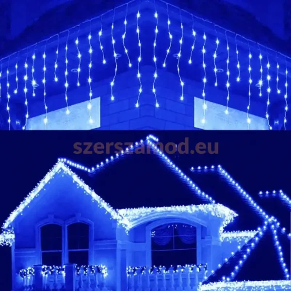 Karácsonyi jégcsap fényfüzér - Kék - 180 LED - 9,1m toldható
